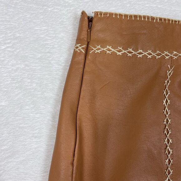 Vintage GAP Khaki Leather Skirt 10 Lined Contrasting Stitch Camel Brown Y2K - Picture 7 of 10